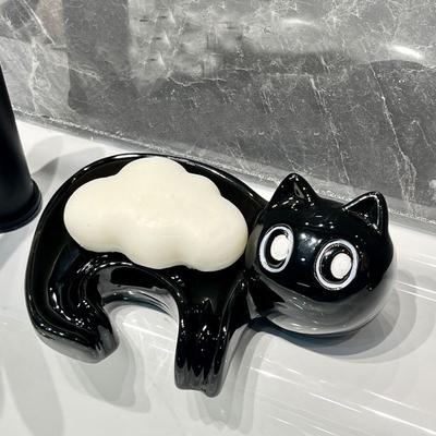 Niedlicher Seifenhalter mit Katzen-Abfluss, glatt, Keramik, Toilettenseifenschale, Tablett, Badezimmer-Accessoires, Waschraum-Tools, Wohnkultur