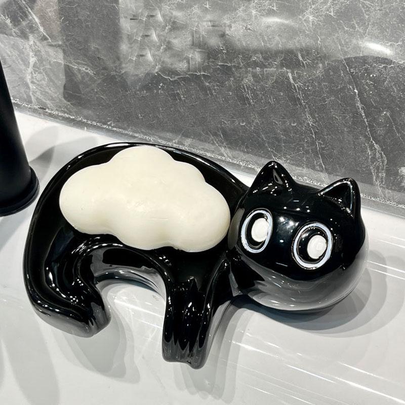 Niedlicher Seifenhalter mit Katzen-Abfluss, glatt, Keramik, Toilettenseifenschale, Tablett, Badezimmer-Accessoires, Waschraum-Tools, Wohnkultur