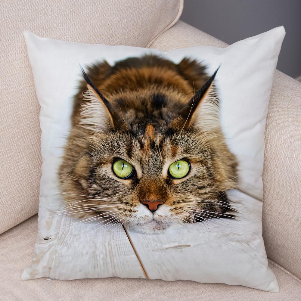 Long Haired Cat Face Cushion Cover Detailed Feline Art Double Sided Living Room Bedroom Decor Pillow Case