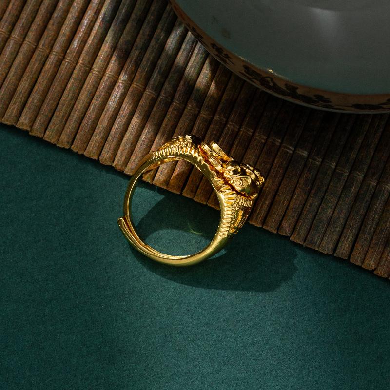 JMXD-Yellow Gold Pixiu Ring, Retro Versatile Light Luxury, High-end Atmosphere, Safe and Lucky, Meaning Coin Opening Index Finger Ring