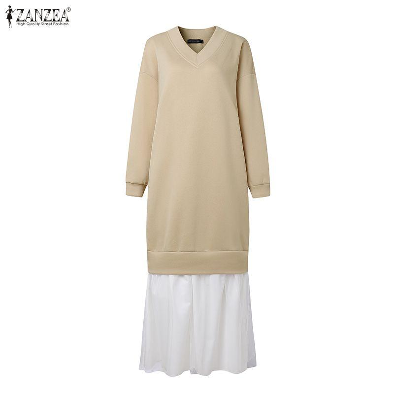 ZANZEA Women Casual Mesh Splice Loose V-neck Long Sleeve Dress