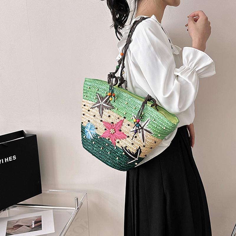 Summer Basket Straw Shoulder Bags for Women Rattan Travel Large Capacity Handmade Woven Beach Bag Female Shopper Totes Handbags