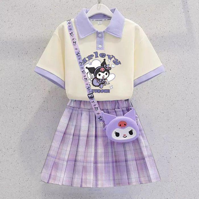 Kuromi Girls' Summer Cartoon JK Skirt Set - Short Sleeve Dress for Middle and Big Kids