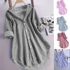 Camicia da Donna a Righe Verticali con Collo a Revers Bottoni Maniche Arrotolabili Vestibilità Larga Orlo Asimmetrico Camicetta Tunica Casual Lunga