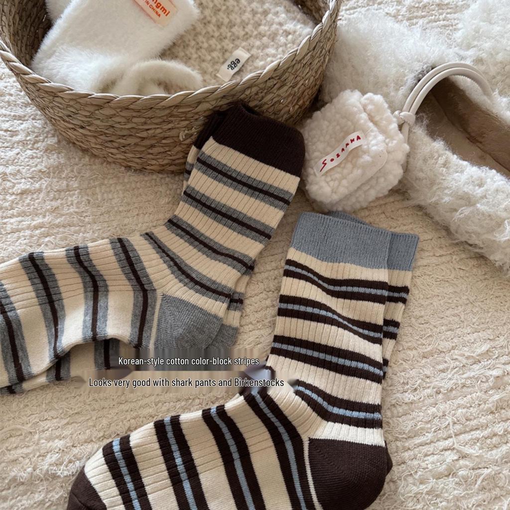 Korean Striped Color Block Mid-Calf Socks for Women - Autumn/Winter Cotton Versatile Xiaohongshu Style.