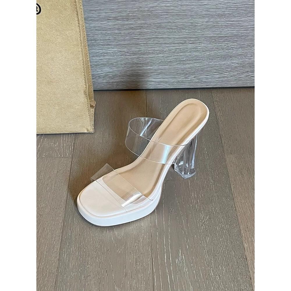 Summer new open-toed transparent word with waterproof table slippers women's simple crystal thick heels high heels sandals