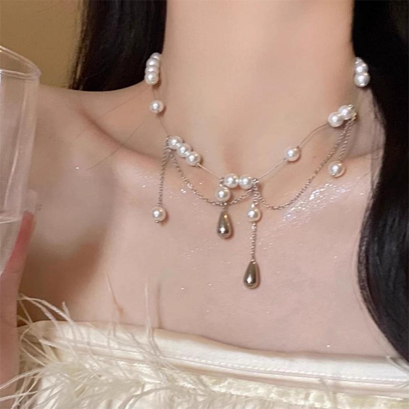 Exquisite Sweet Water Droplet Pearl Tassel Necklace For Women Girls Fashion Personality Clavicle Chain Party Jewelry Accessories