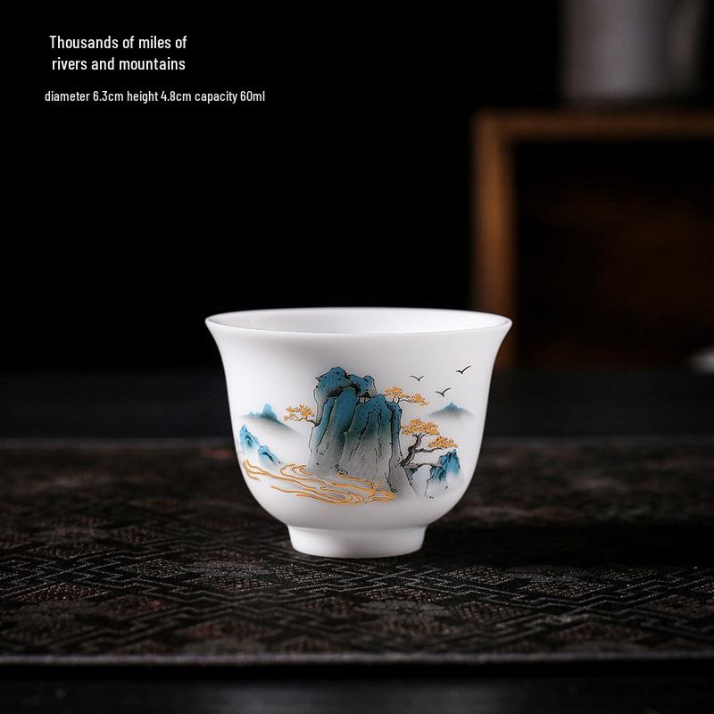 Hand-Painted Ceramic Landscape Teacup - Ice-Type Mutton Fat Jade Finish, Kung Fu Tea Set