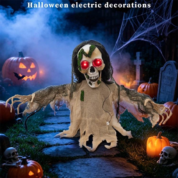 Halloween-Partyfigur mit rotem Lichtblick, geräuschaktiviert, bewegungsaktiviert und mit gealterter Stoffoberfläche für den Einsatz im Garten, auf der Veranda, auf dem Friedhof als Display-Szene