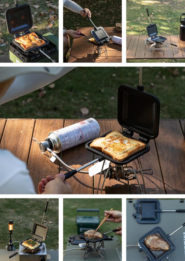 CAMPING MOON Hot Sandwich Maker, Single Burner, Gas or Direct Fire, Compact, Aluminum, with Canvas Case (BKTT-1315+B)