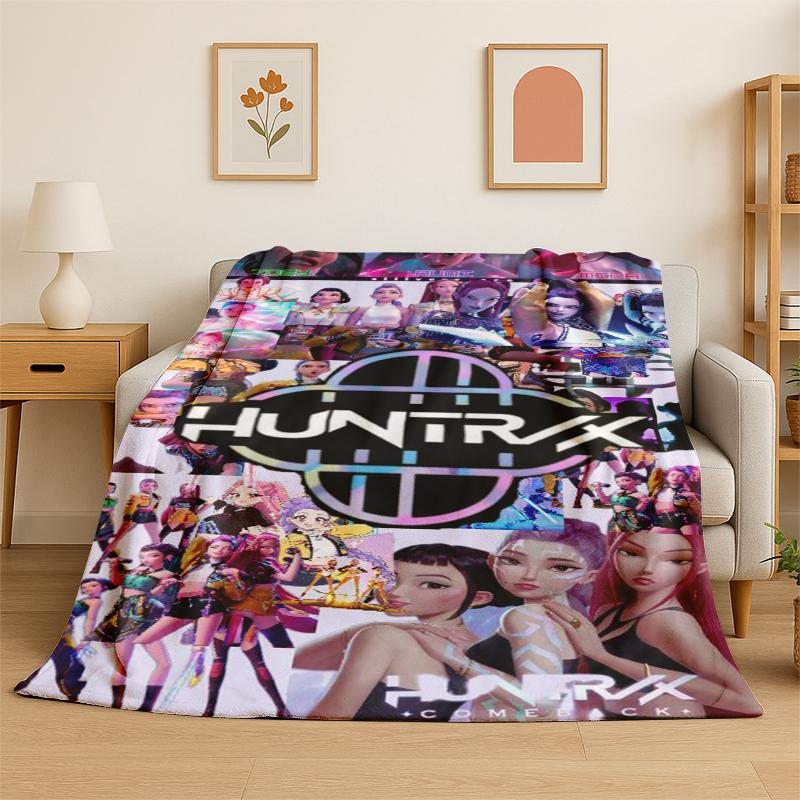 

Kpop Demon Hunter Rumi Mira Zoey Cartoon Group Flannel Blanket Soft Warm Throw Blanket for Bedroom Living Room Bed Travel Gift 75x100cm