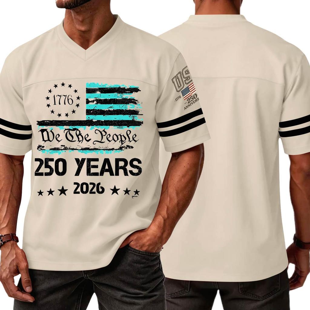 Men’s Casual V Neck Short Sleeve Jersey Style T Shirt with 250 Years Independence Day Print Athletic Fit Comfortable Top