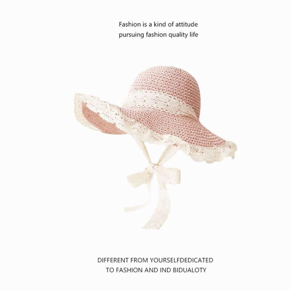 Breathable Lace Tied Sun Hat Large Brim UV Protection Cap Sweet Women Straw Hat  Travel