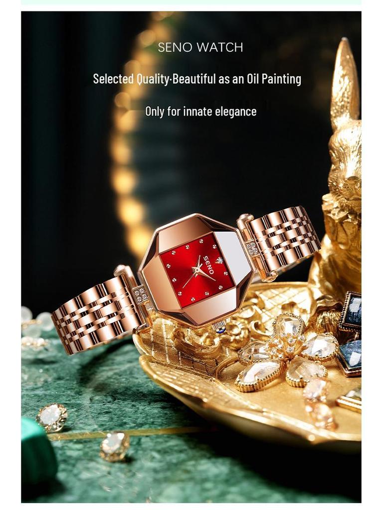 Elegant Women's Steel Band Wristwatch In Pomegranate Red, Champagne Gold & Green