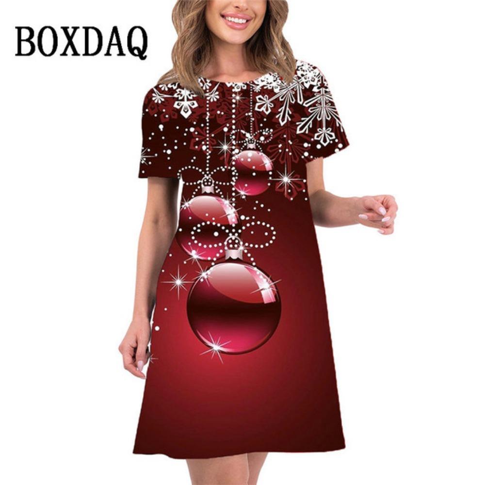 2026 new summer women's elegant christmas tree print mini dress short-sleeved loose casual beach sweet dress