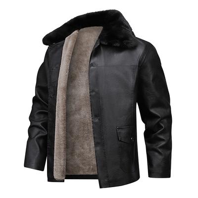 Plush and Thickened Leather Jacket for Men with Fur Collar and Cotton Jacket for Men's Business. Middle Aged and Elderly Men with Lapel Leather Jacket