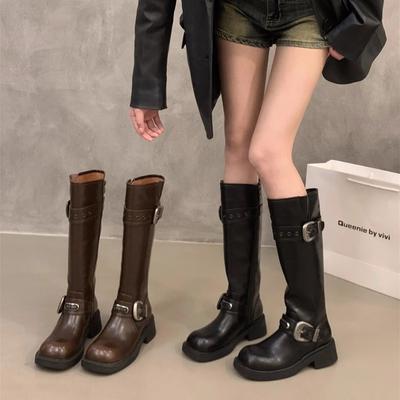 Women Knee High Boots Chunky Platform Punk Motorcycle Long Booties Goth Street Cool Shoes for Women Belt Buckle Retro Botas