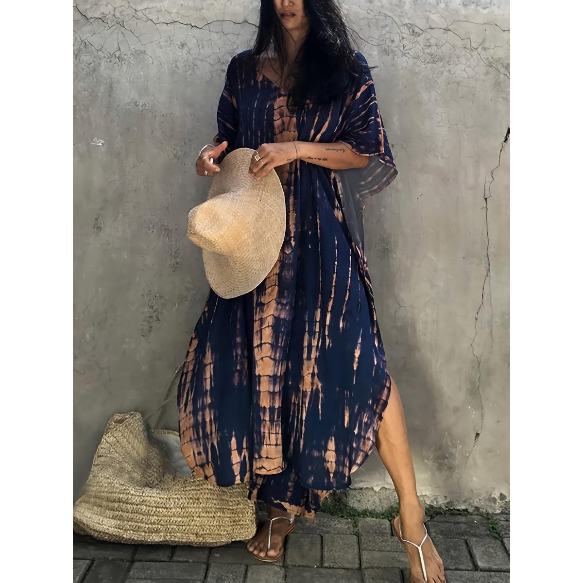 

Плюс Размер Boho Cover Up, женское платье-кафтан с рукавами «летучая мышь» и V-образным вырезом с разрезом One size серый