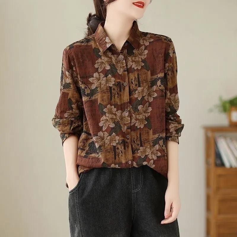 Women S Vintage Loose Long Sleeve Printed Ethnic Style Button Up Shirt M