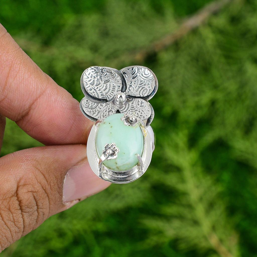 Sterling Silver Natural Brazilian Chrysoprase Flower Solitaire Wife Ring Jewelry