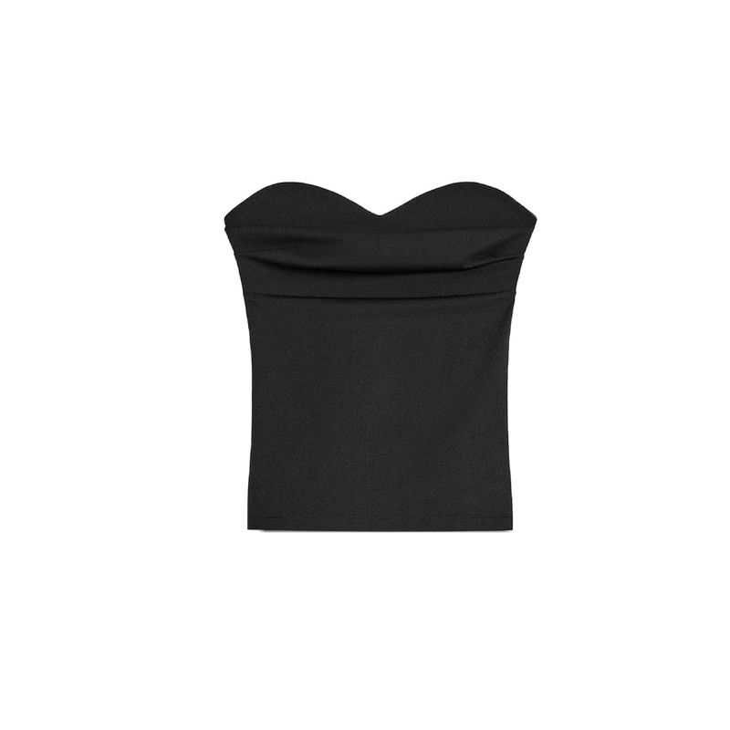 

One-Word Chest-Wrapped Heart-Shaped Collar off-Shoulder Tops 3641334 Simple Straight High Waist Casual Trousers 3641338 Black Tops M