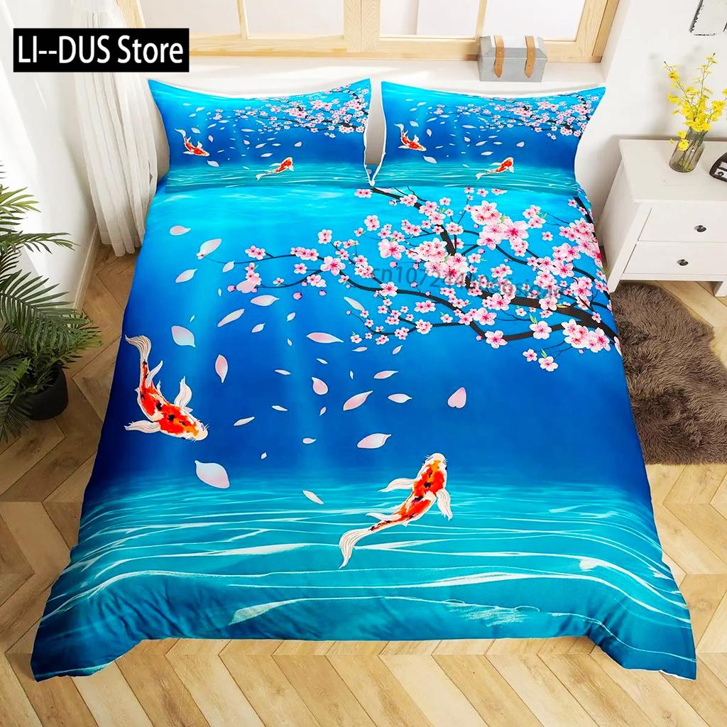 Koi Fish Duvet Cover Set Japanese Painting Style Decor 2/3 Piece Bedding Set With Pillow Shams Queen Full Size Black White