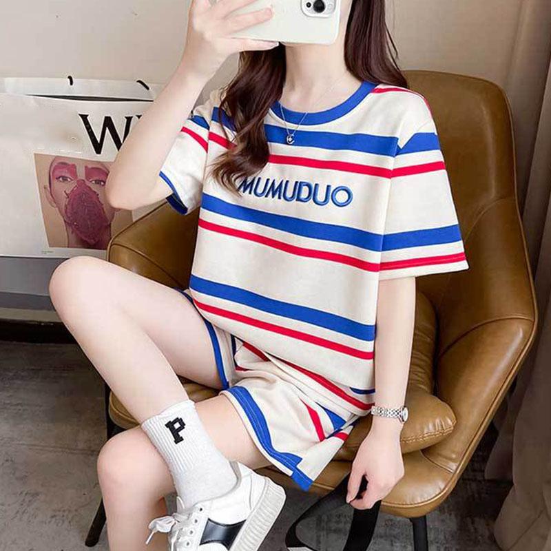

Летняя футболка с коротким рукавом и круглым вырезом, женская модная футболка в полоску с буквенным принтом, костюмы, шорты, брюки, комплект из 2 предметов
