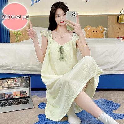 Damen Sommer Süßes Prinzessinnen Wolkenbaumwoll-Camisole-Schlafanzug mit integriertem BH, Übergröße Langes Nachthemd für Homewear