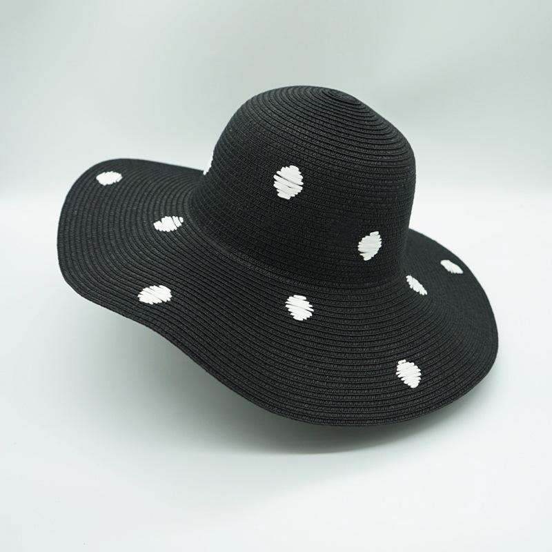 

French Elegant Retro Black And White Polka Dots Elegant Hepburn Straw Hat Women S Summer Shade Holiday Beach Big Brim Top Hat Tide M（56-58cm）