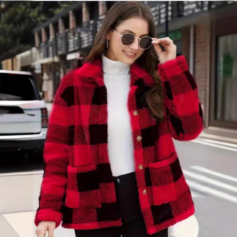 European American Women Checked Plush Coat Patch Pocket Versatile Long Sleeve Winter Fashion Casual Jacket