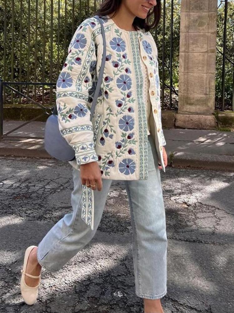 Elegant Women Cotton Jacket Floral Print Belted Coat Autumn Winter Fashion Long Sleeves Single Breasted O Neck Streetwear New Lady Outerwear