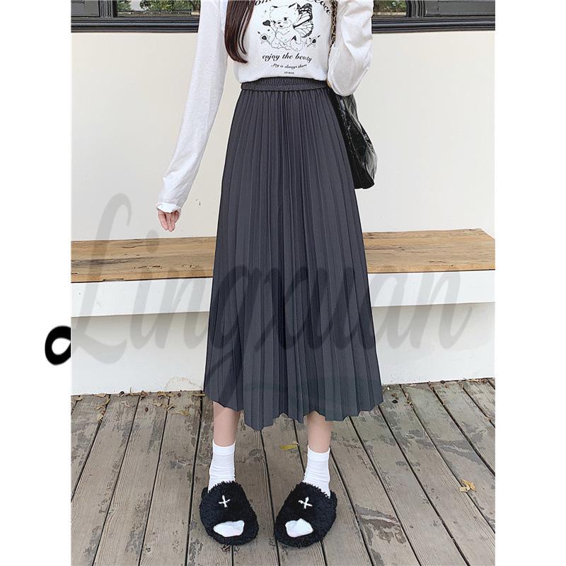 

2026 Women s Plus Size High Waist A-Line Pleated Skirt - Korean Style, Autumn, Slimming, Versatile Midi XL