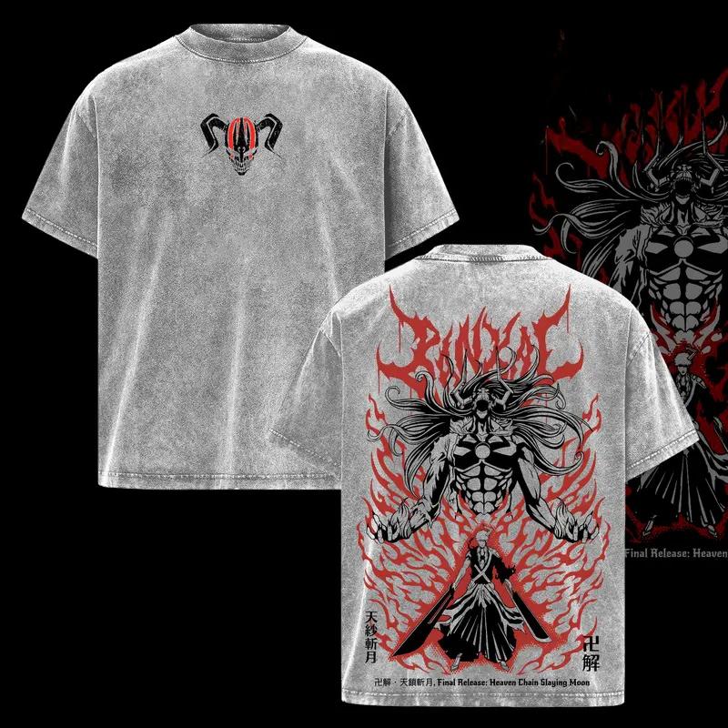 

Anime BLEACH Kurosaki Ichigo Graphic Tee Men Short Sleeve Clothing Washed Cotton Tshirt Casual T-shirt Harajuku Vintage T Shirt XXL серый