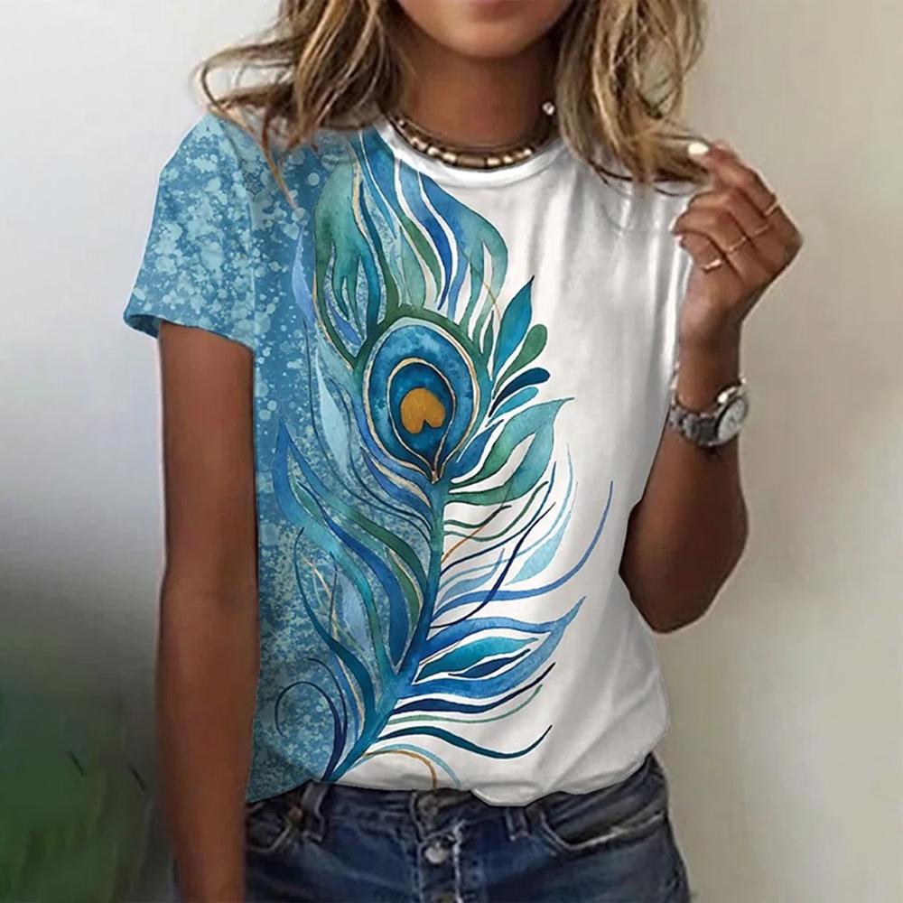 Letní dámské tričko s 3D květinovým potiskem Elegantní běžný krátký rukáv pro dívky Trička ke krku Běžné Denní topy Dámské Street Wear