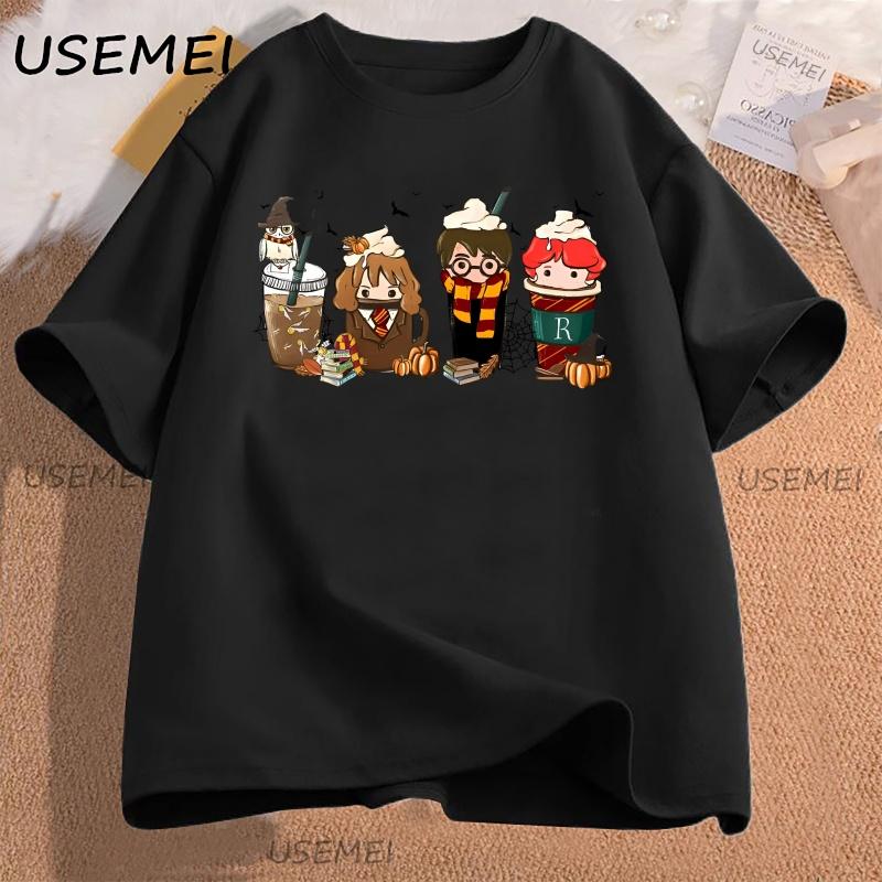 Cute Coffee Characters TShirt Women Men Aesthetic Tee Pumpkin Fall T Shirt Cotton Short Sleeve  Aesthetic High Quality Tees