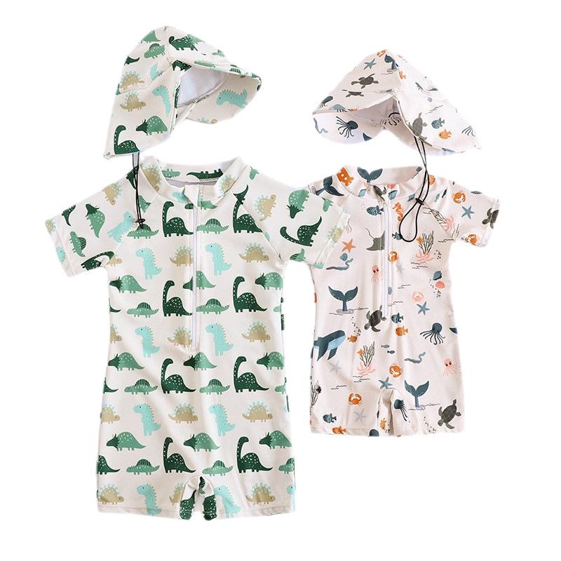 Children's Cartoon One-piece Swimsuit Boys Baby Quick-drying Sunscreen Swimsuit Baby Cute Dinosaur Ocean Theme Swimsuit