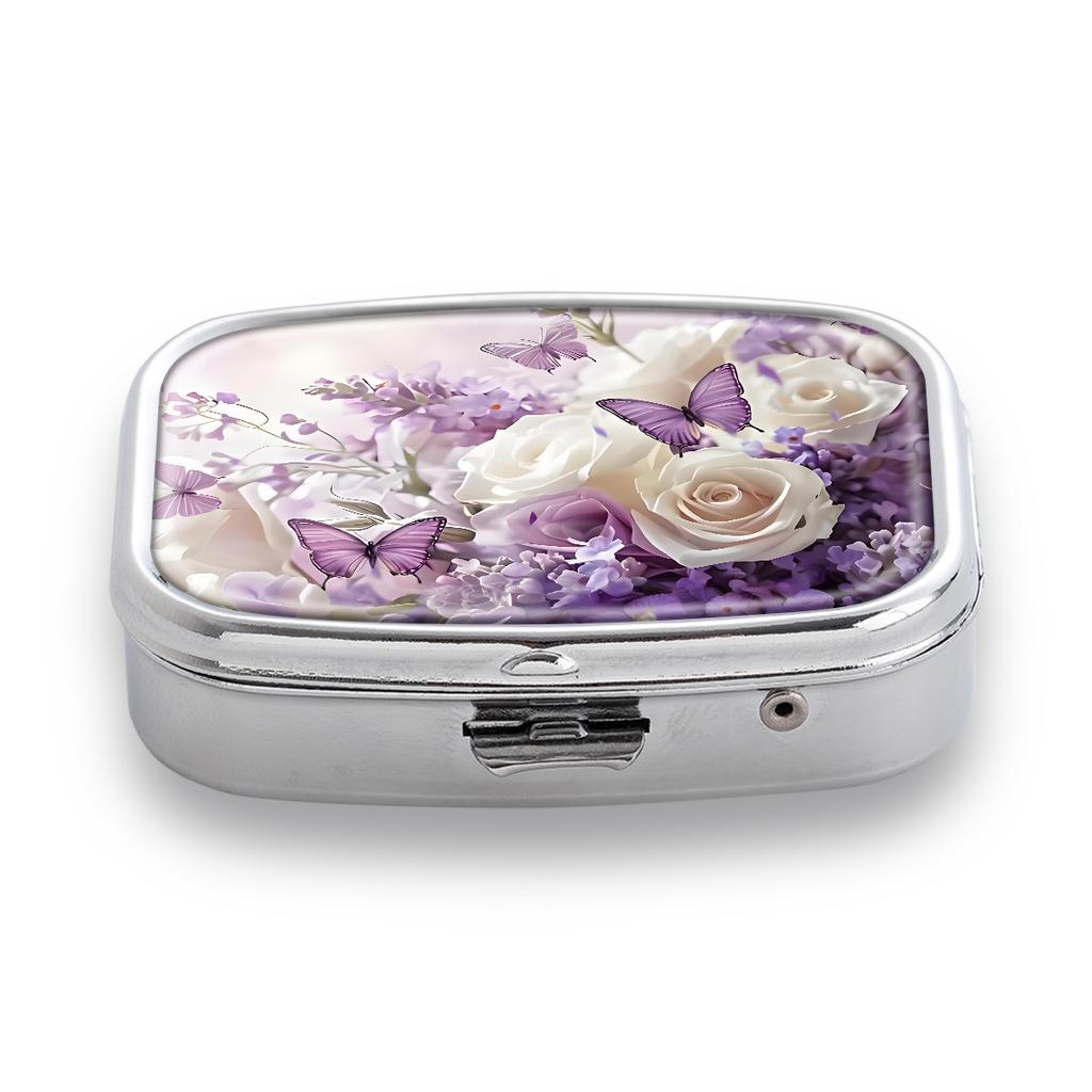 Portapillole Portatile con 2 Scomparti, Mini Custodia Organizer in Metallo per Medicine, Carino Contenitore Stampato per Pillole, Vitamine, Gioielli, Viaggio, Uso Quotidiano