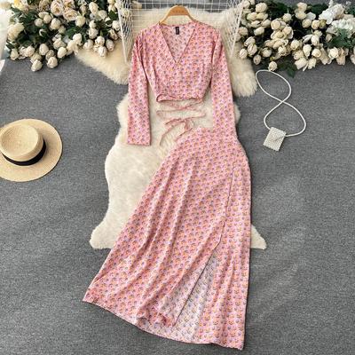 Women Vacation Bohemian Two Pieces Suits Summer Lace Up Top Split Long Skirt Sets