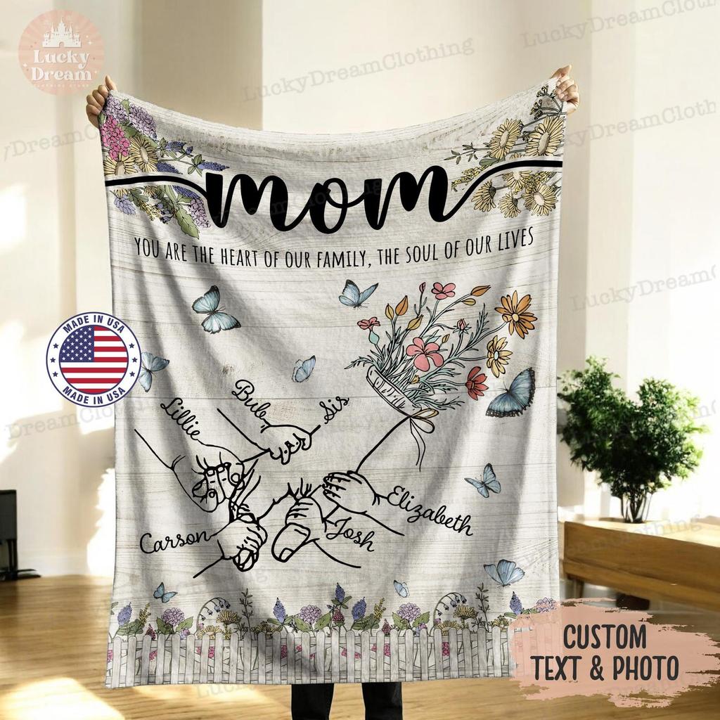 Custom Grandma Garden Blanket, You are the heart of our family, the soul of our live, Gift for Anniversary Mom Birthday Gifts, Throw Blanket