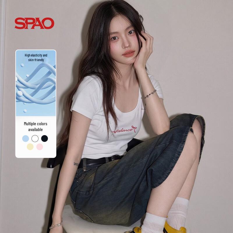 SPAOins Sweet Style Bowknot Letter U-Neck Slim Fit T-Shirt S