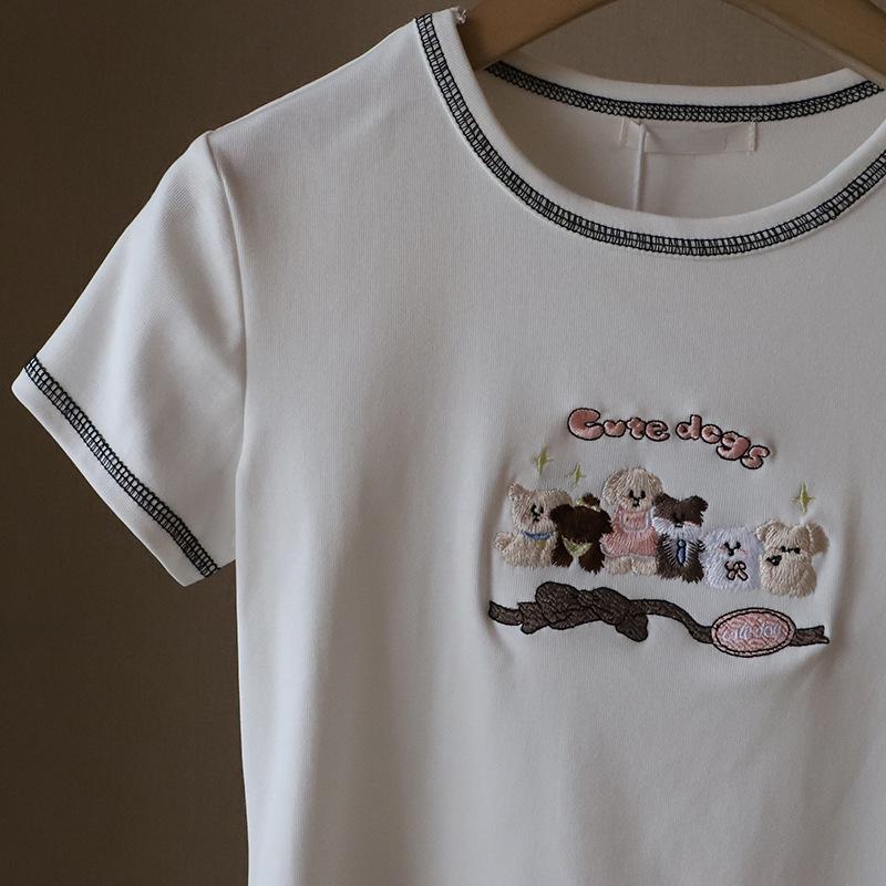 2025 Korean Style Cartoon Embroidered Slim Fit Cute Short Sleeve T-Shirt for Women