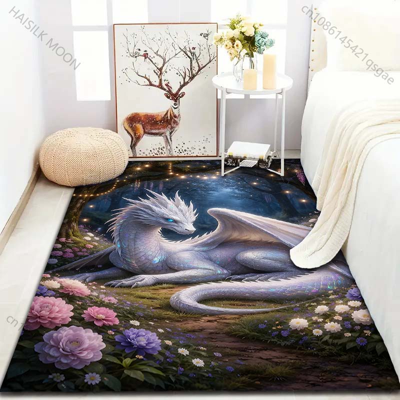 1PC White dragon in floral meadow Carpet for Living Room Bedroom Sofa Home Decor Rus Non-slip Floor Mat Luxury Gift