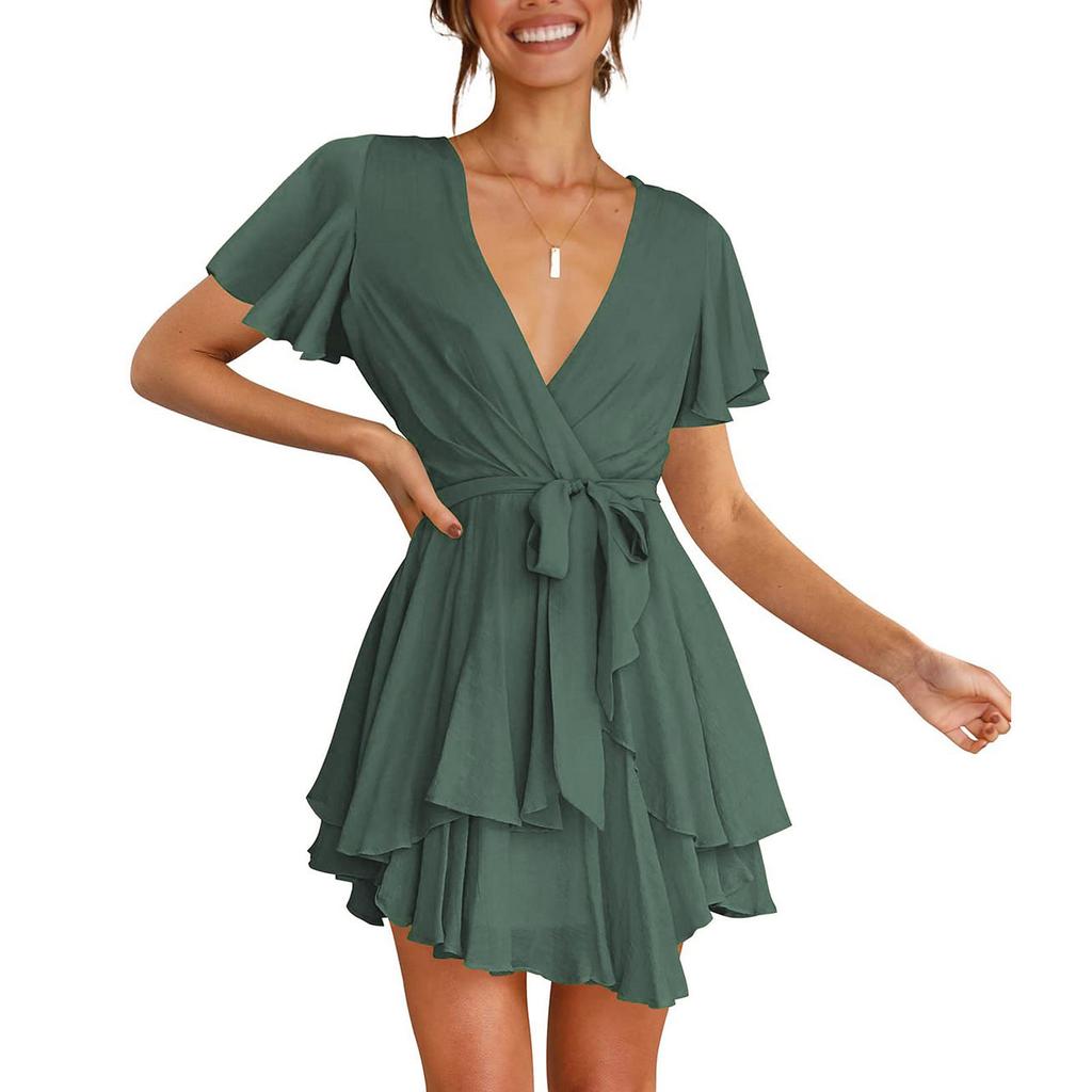 Women's Fashion Casual Color Short Sleeve V-Neck Loose Waist Ruffle Dress