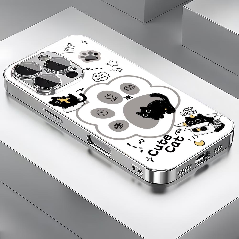 Cute cat paw print silver plated glass phone case suitable for iPhone 17 16 15 14 13 12 11 Pro/Max/Plus scratch resistant