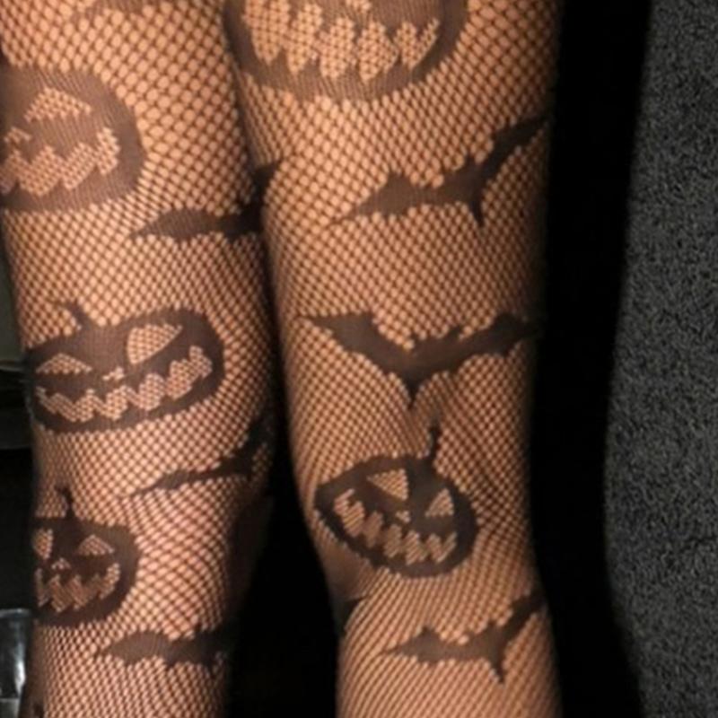 Elastic Nylon Fishnet Tights with Fun Pumpkin Bat Pattern for Women Halloween Cosplay Party Mesh Pantyhose Stockings