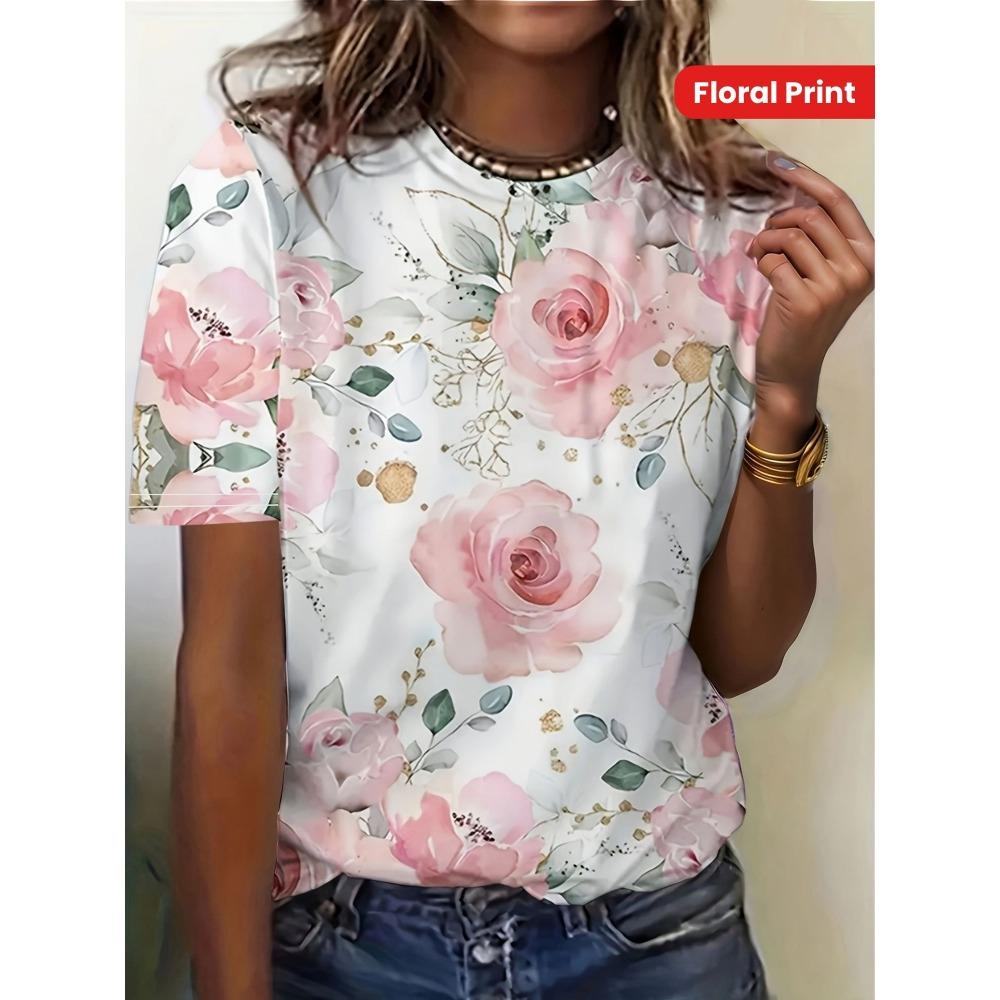 Ink Painting Floral T-Shirts Flower 3D Print Women Summer Short Sleeve Round Neck T Shirt Tees Harajuku Y2K Tops Female Clothing