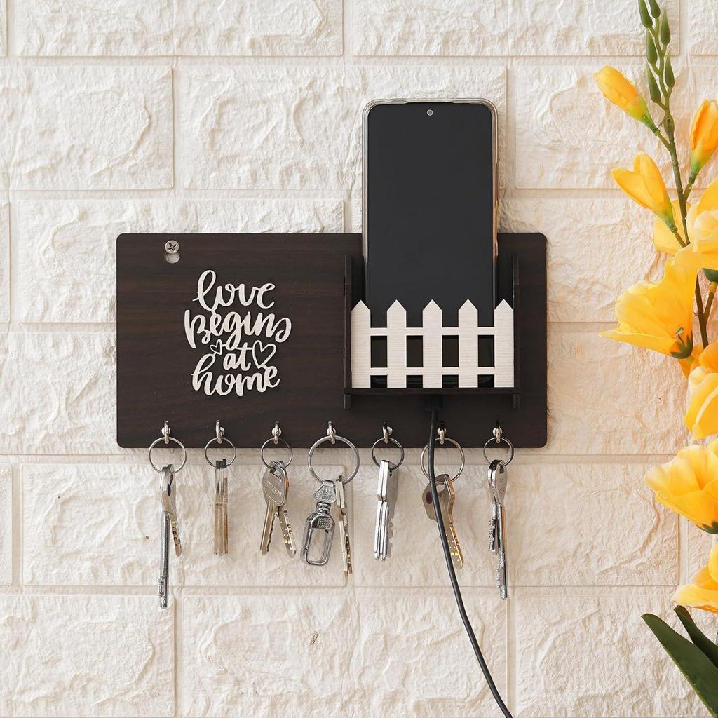 Wooden Matte Finish Designer Home Side Wall Shelf, Key Holder with 7 Keys Hooks (Brown) (LoveBeginsathome)