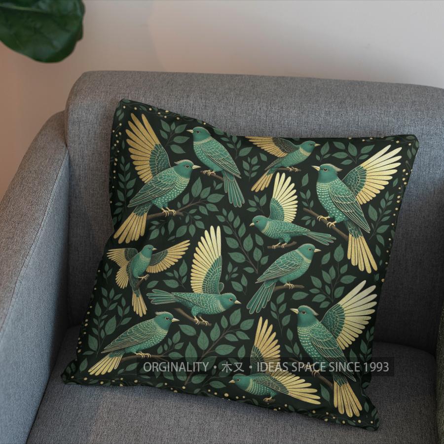 2D Green Birds On Branch Decorative Pillow Cover Pattern Cushion Cover Suitable For Sofa Bedroom Car Pillow Cover