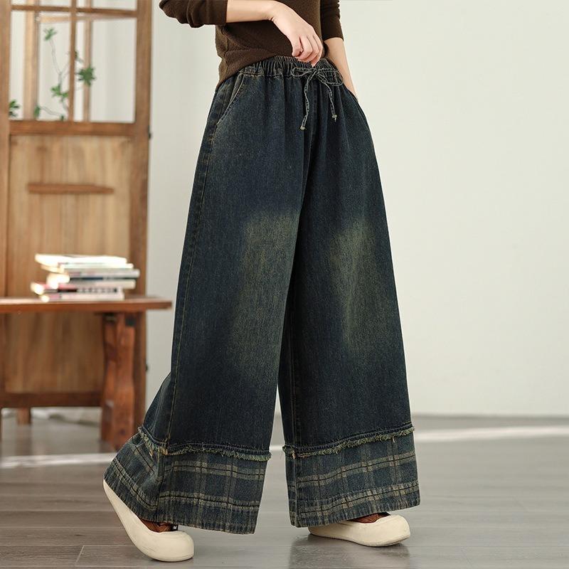 

Women s Four Seasons Plus Size Casual High Waist Straight Leg Jeans Elastic Waist Loose Fit Wide Leg Pants Jeans S темно-синього кольору