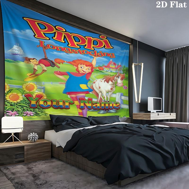Pippi Longstocking Custom Name Wall Tapestry Aesthetic Wall Hanging Printed Fabric Blanket Decorative Tapestries for Bedroom Living Room Home Decor